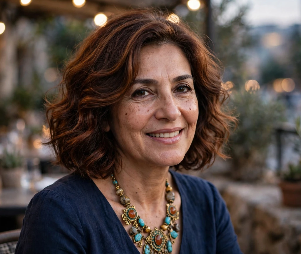 Middle Eastern woman with a wavy romantic bob on a restaurant terrace