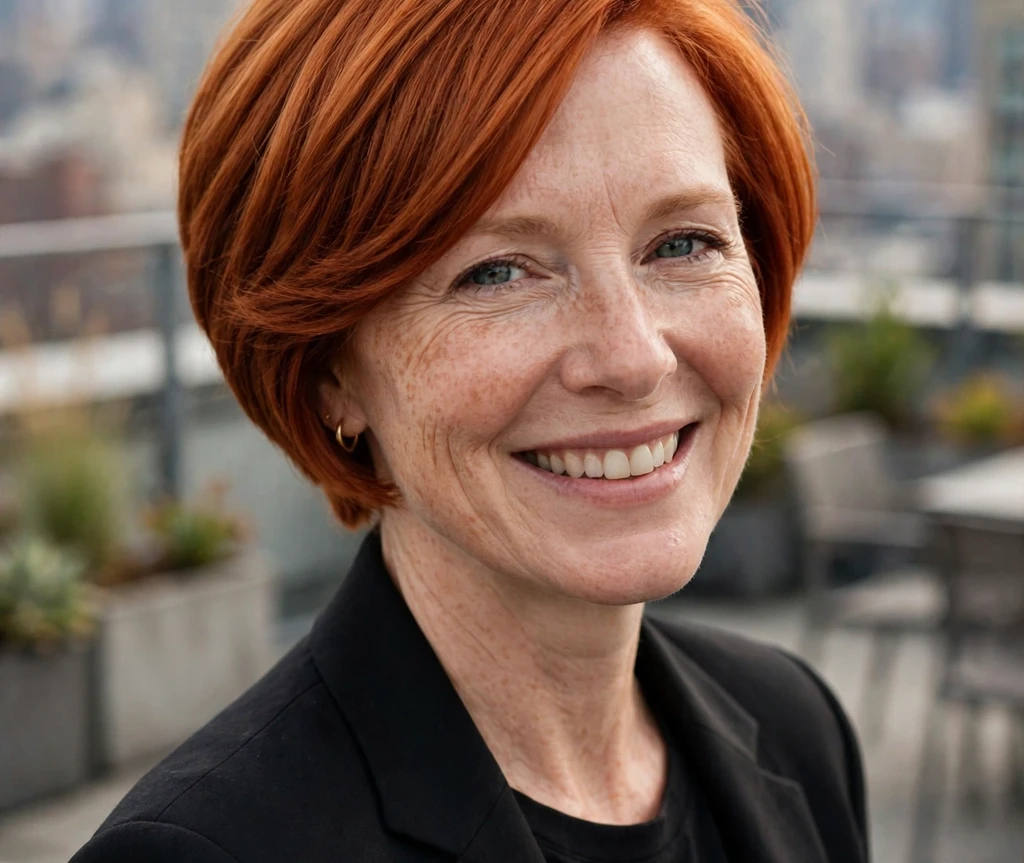 Woman with a copper stacked bob on a rooftop terrace