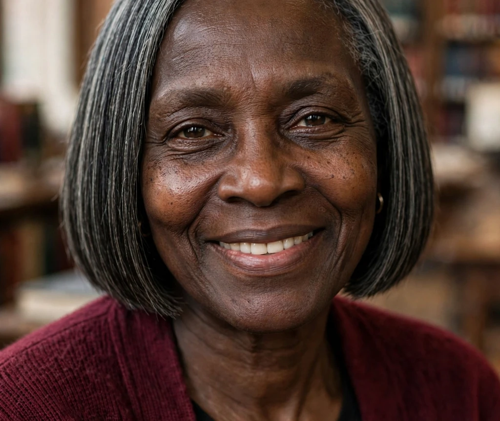 Older Black woman with a sharp blunt bob in a library