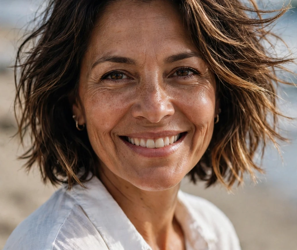 Latina woman with a windswept textured bob on a beach