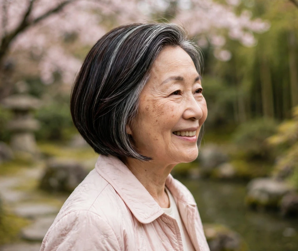 Older East Asian woman with a sleek angled bob in a Japanese garden