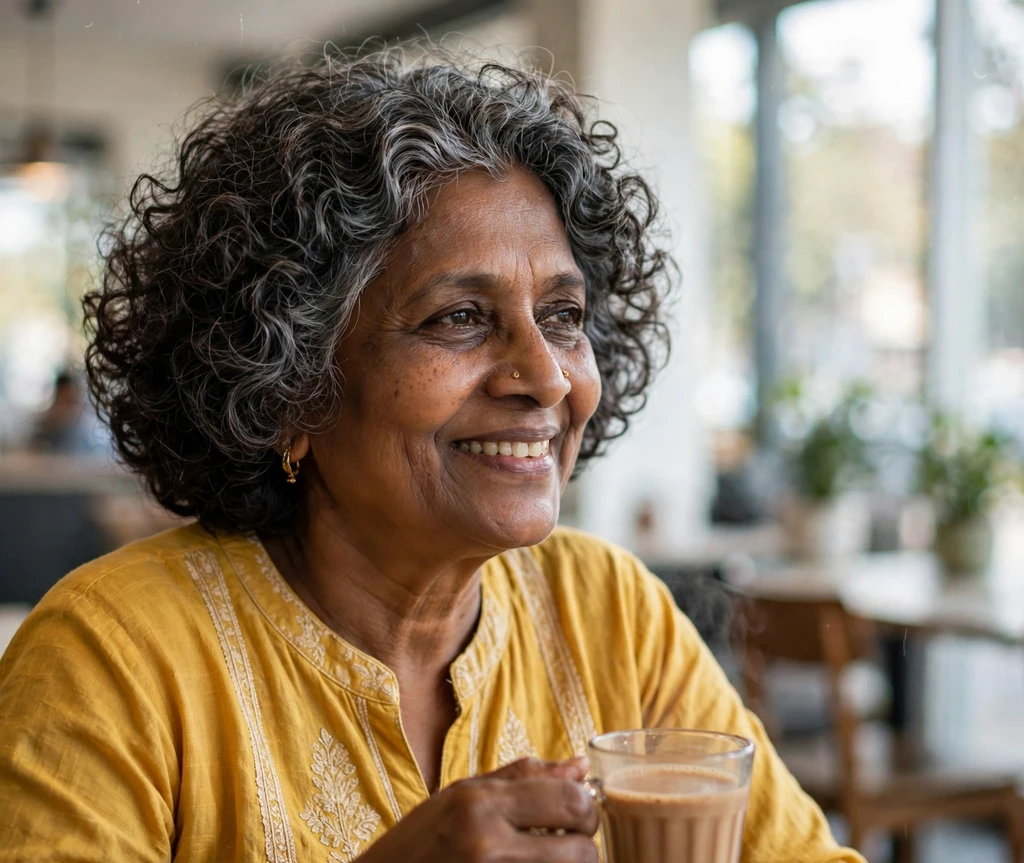 Older South Asian woman with a curly rounded bob in a cafe