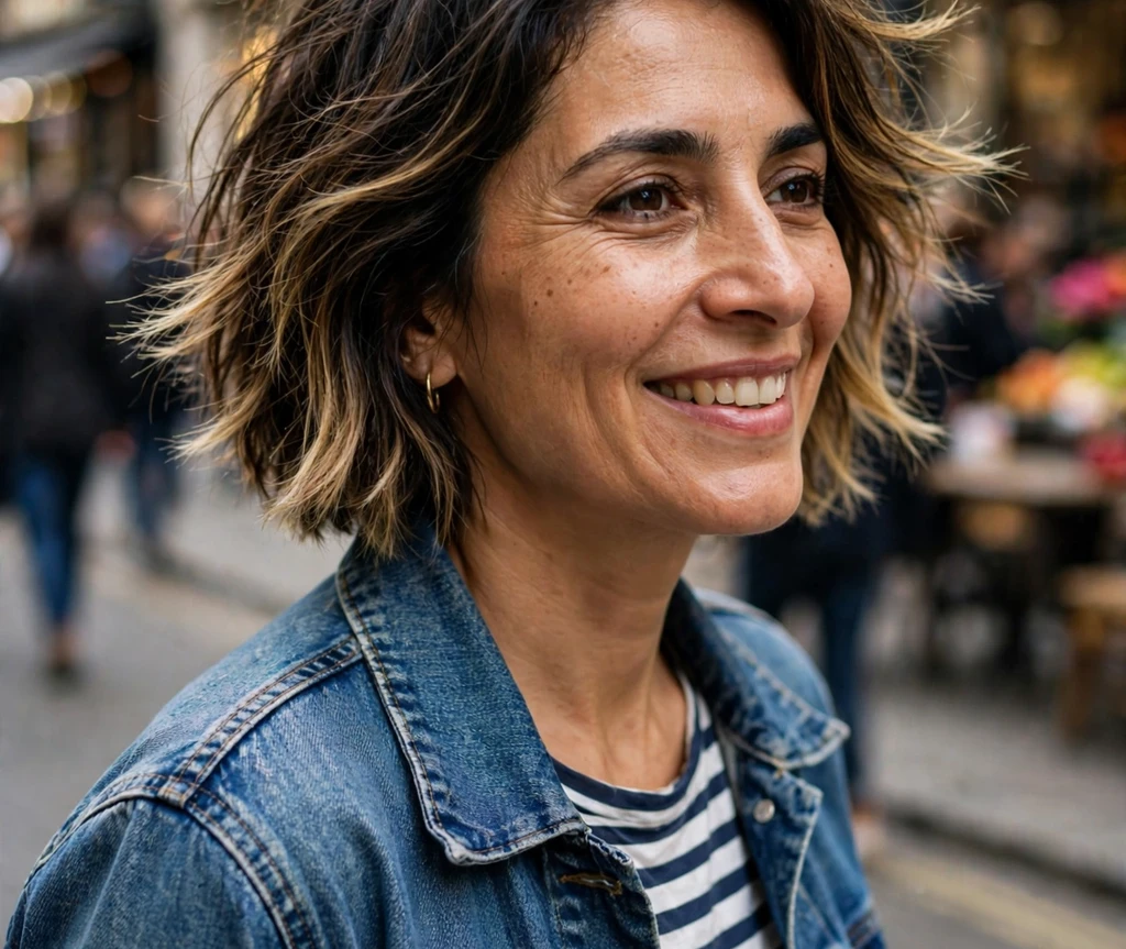 Middle Eastern woman with a choppy balayage bob on a city street