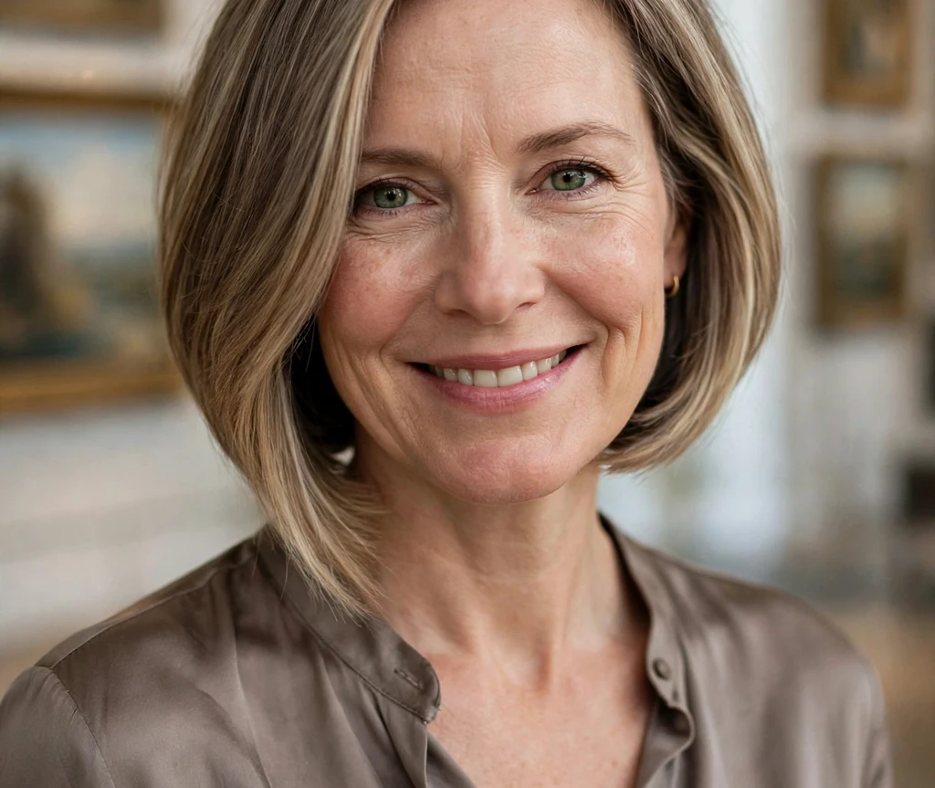Woman with an elegant inverted bob with balayage in an art gallery
