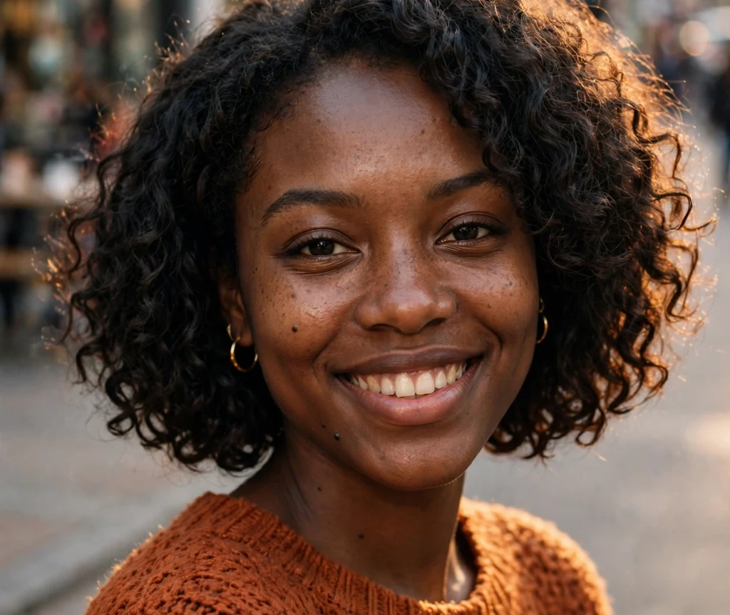 Black woman in her mid 20s with a bouncy curly chin-length bob in a rust-orange sweater on a city street