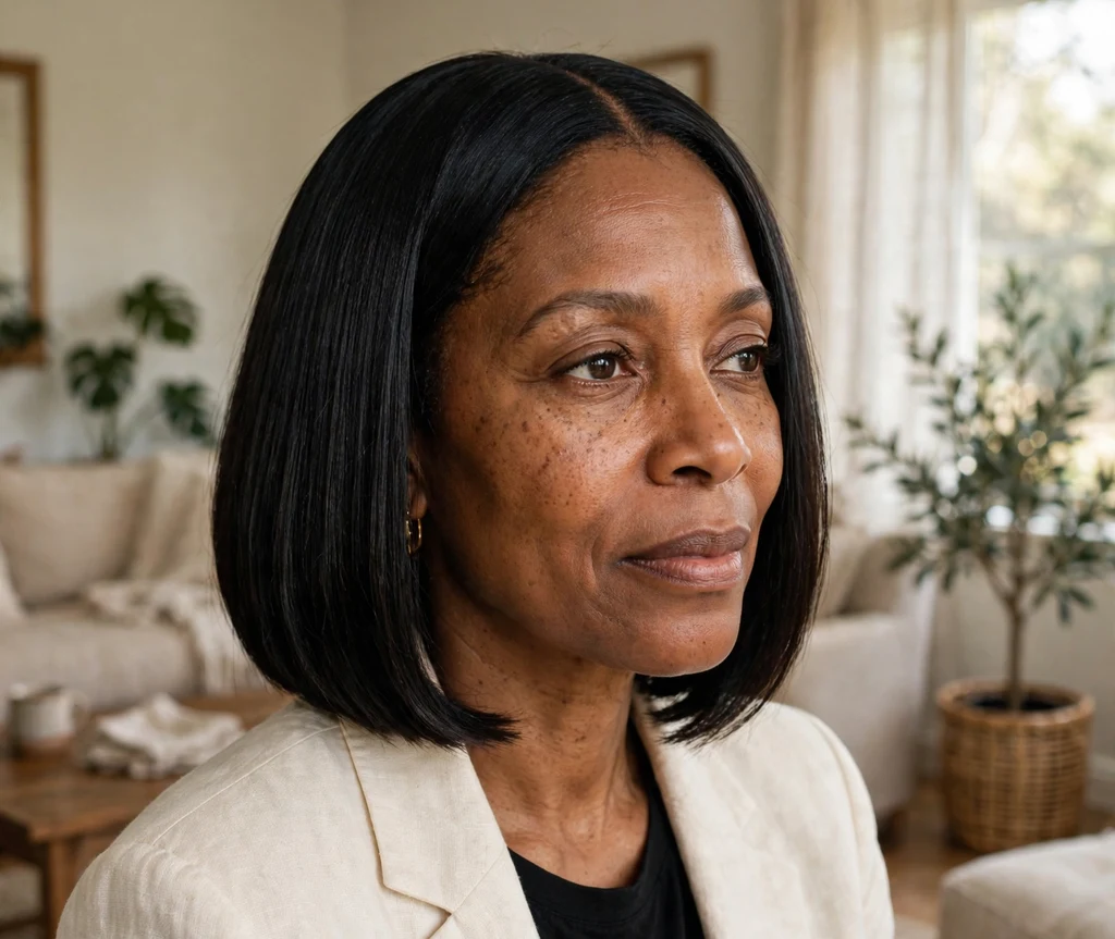 Elegant Black woman in her late 40s with a silk-pressed A-line bob and middle part wearing a cream blazer at home