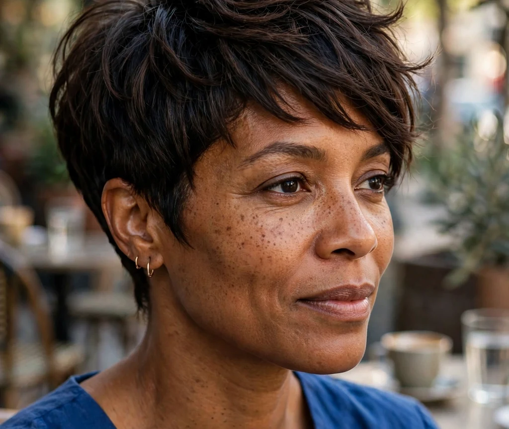 Stylish Black woman in her early 40s with a textured pixie bob and tapered nape in a cobalt blue dress at a cafe