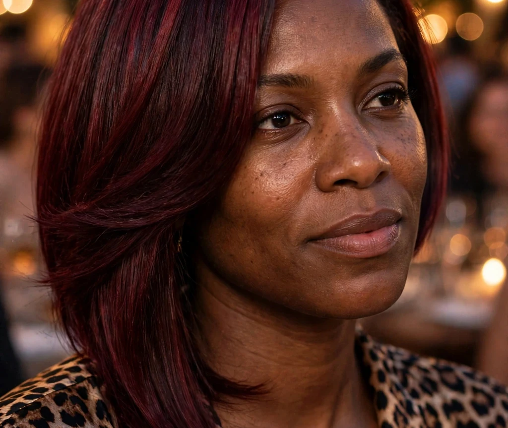 Confident Black woman in her mid 30s with an asymmetric burgundy-tinted bob wearing a leopard-print top at an evening event
