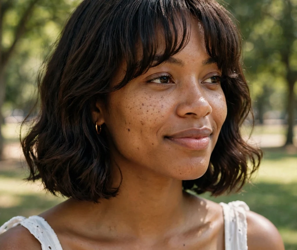 Young Black woman in her late 20s with a chin-length bob and full curtain bangs in a white summer dress in a park