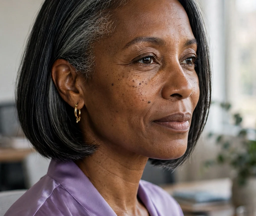 Elegant Black woman in her early 50s with a jaw-length bob and silver streaks tucked behind one ear in a lavender blouse