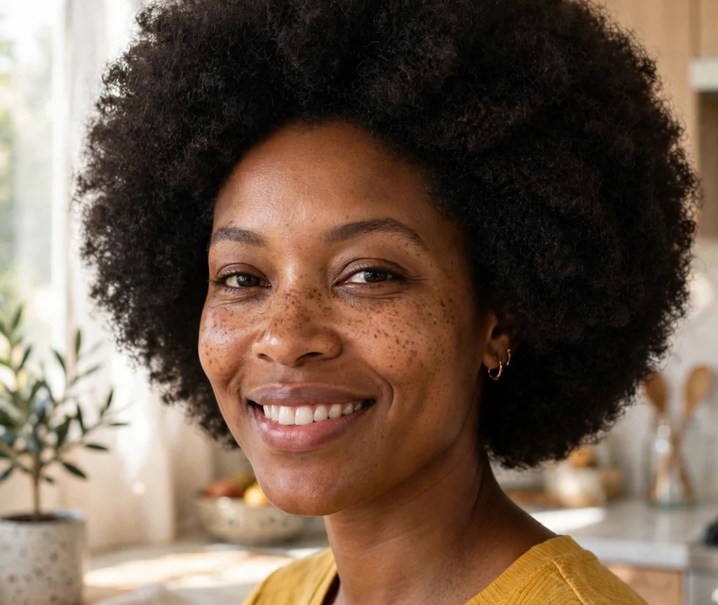 Radiant Black woman in her early 30s with a voluminous rounded afro bob in a mustard yellow top in a bright kitchen