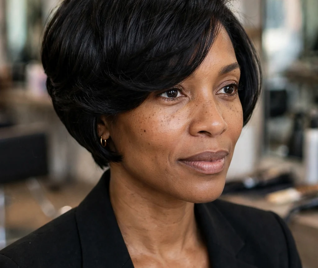 Chic Black woman in her late 30s with a stacked bob and side-swept fringe wearing a black blazer at a salon