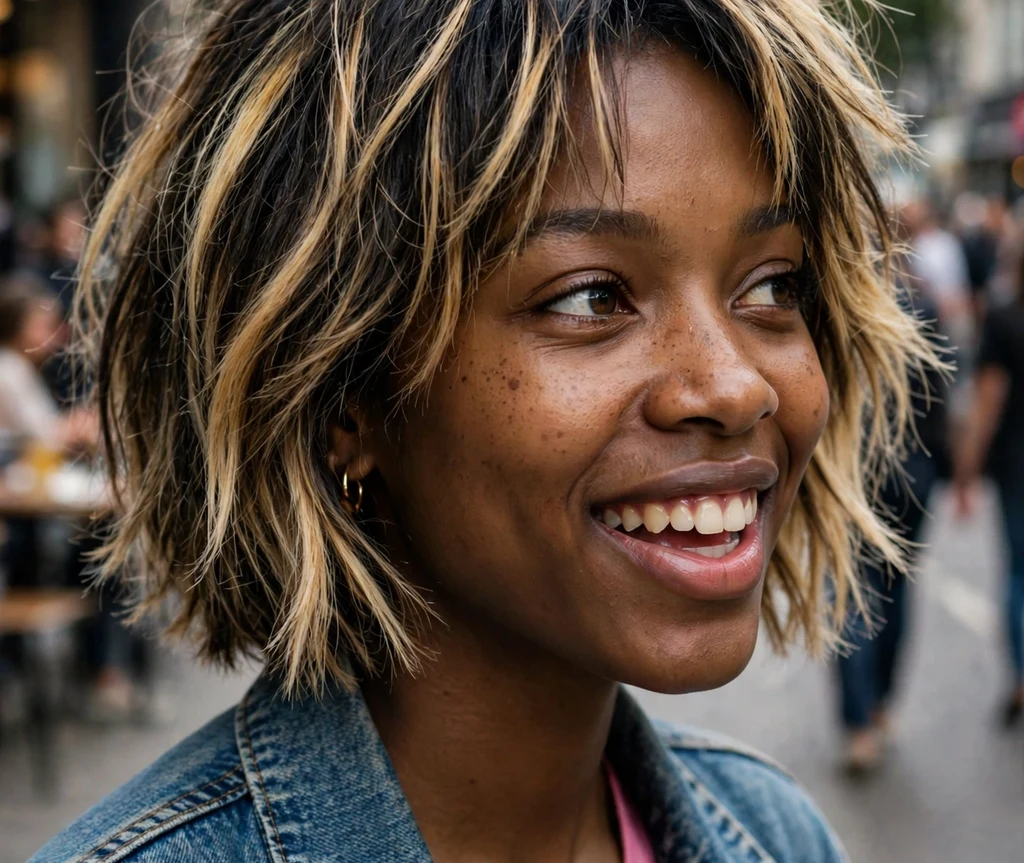 Playful Black woman in her mid 20s with a choppy jaw-length bob and honey blonde highlights in a denim jacket on a street