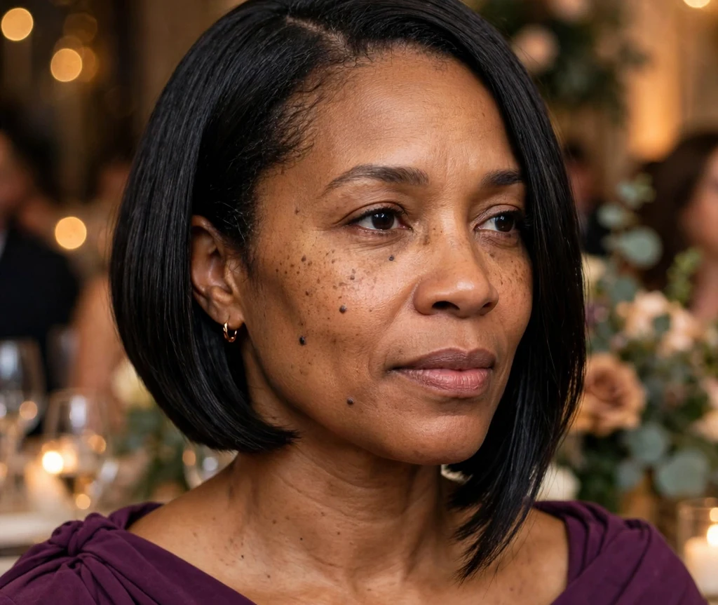 Sophisticated Black woman in her mid 40s with a sleek inverted bob and deep side part in a plum wrap dress at a formal event