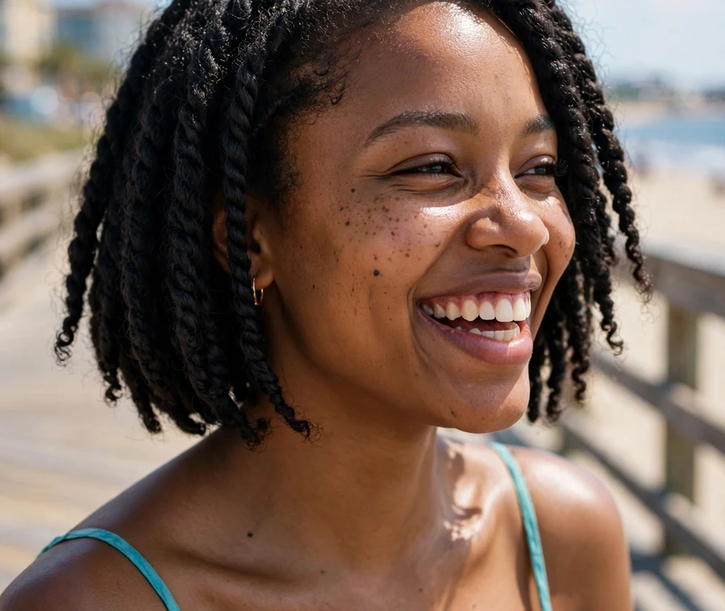 Joyful Black woman in her late 20s with a chin-length twist-out bob in a turquoise sundress on a beach boardwalk
