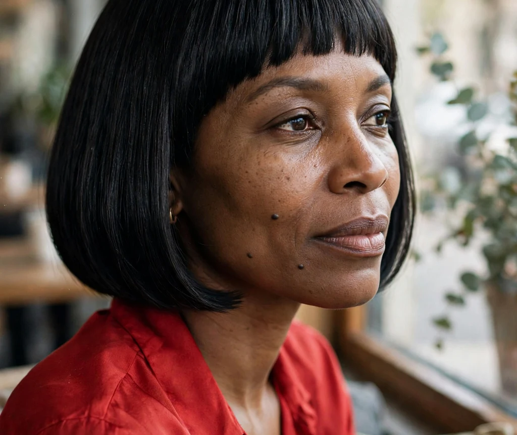 Poised Black woman in her early 40s with a French bob and straight micro fringe in a red silk blouse at a cafe