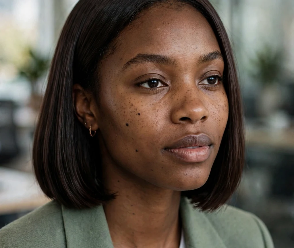 Trendy Black woman in her mid 20s with a bone-straight silk press bob and middle part in a sage green blazer at an office