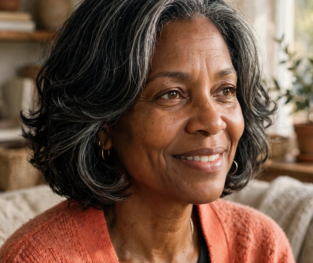 Warm Black woman in her early 50s with a salt-and-pepper feathered bob in a coral cardigan in a cozy living room