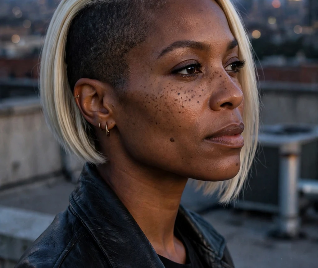 Bold Black woman in her late 30s with an undercut bob with shaved nape and platinum blonde top in a black leather jacket on a rooftop