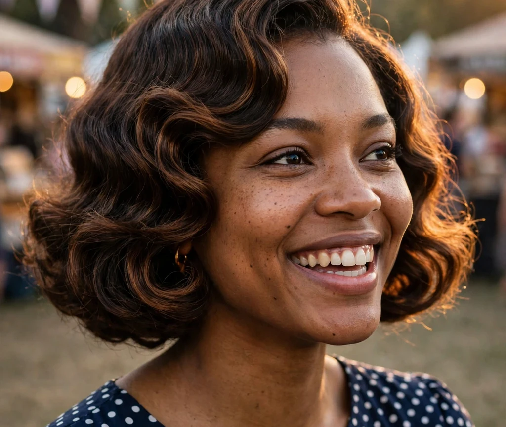 Cheerful Black woman in her late 20s with a fluffy finger-wave bob in a polka-dot dress at an outdoor festival