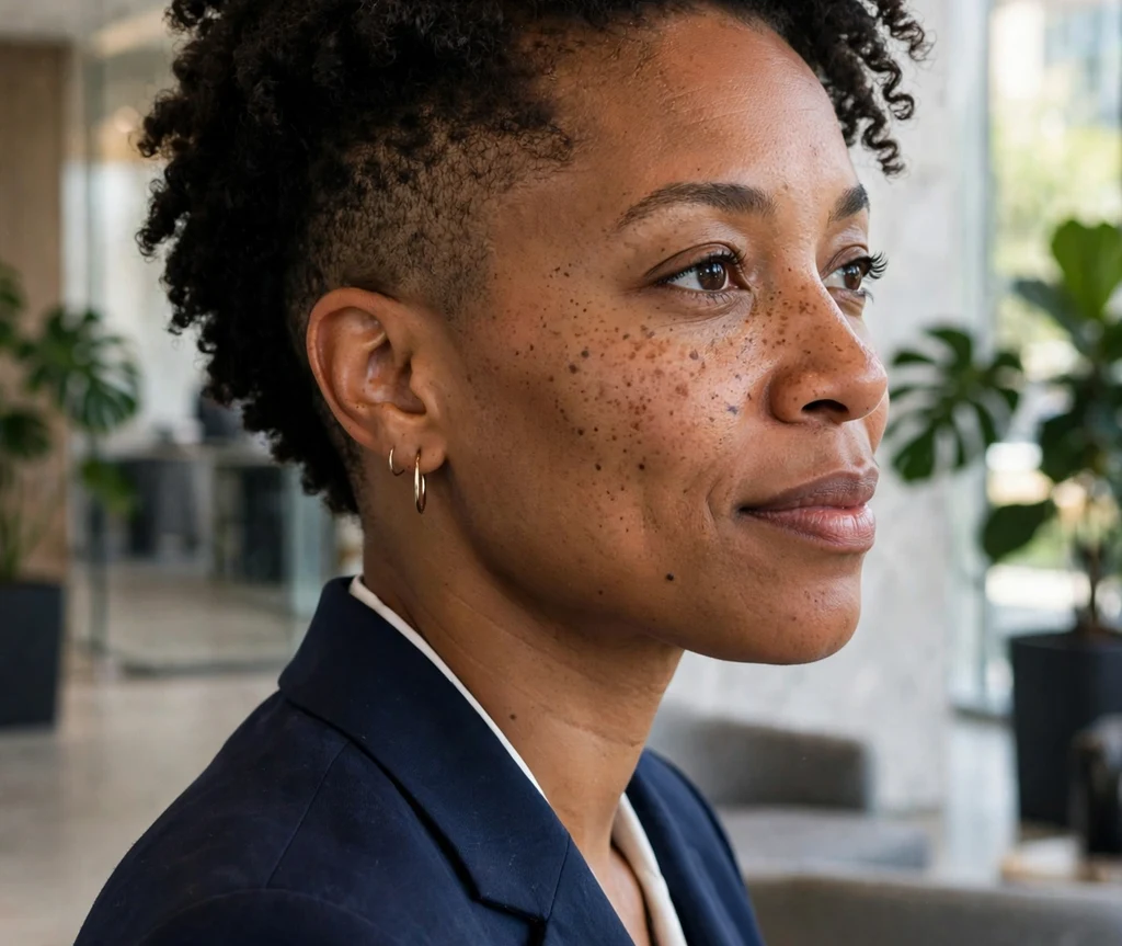 Professional Black woman in her mid 30s with a tapered natural bob with closely cut sides in a navy pantsuit at an office lobby