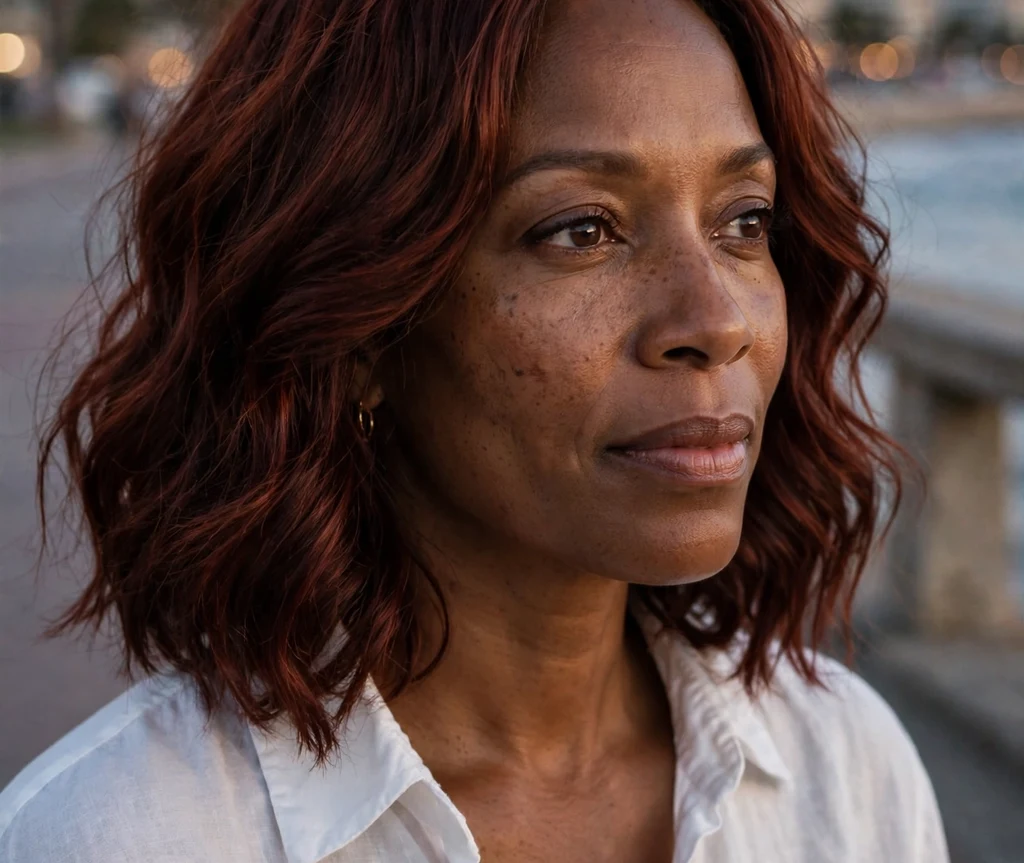 Elegant Black woman in her early 40s with a loose wavy lob in deep auburn wearing a white linen shirt on a seaside promenade