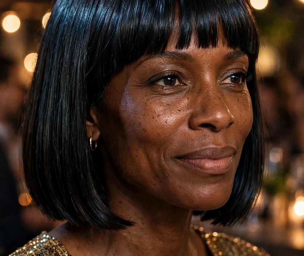 Glamorous Black woman in her mid 40s with a blunt jawline bob and straight-across bangs in a sequined gold top at a cocktail party