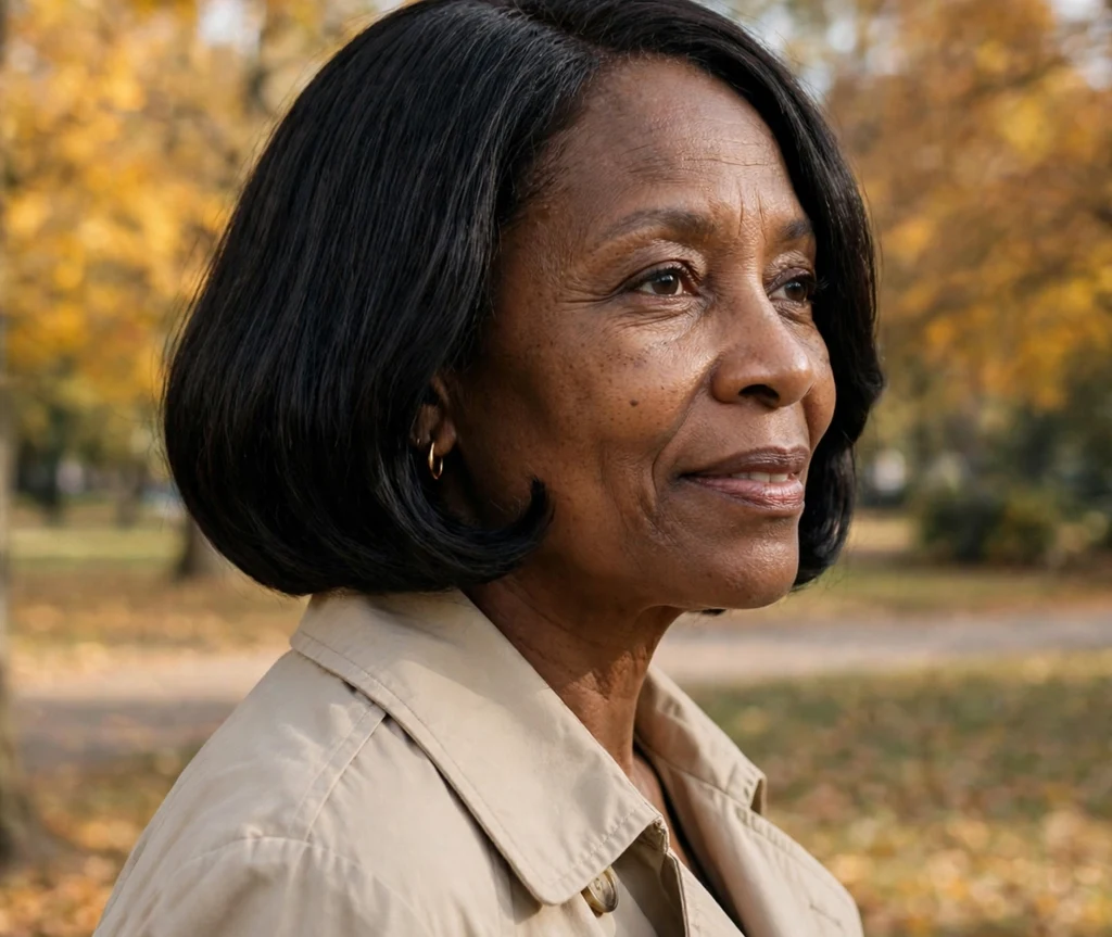Graceful Black woman in her mid 50s with a classic rounded bob with curved-under ends in a beige trench coat in a park