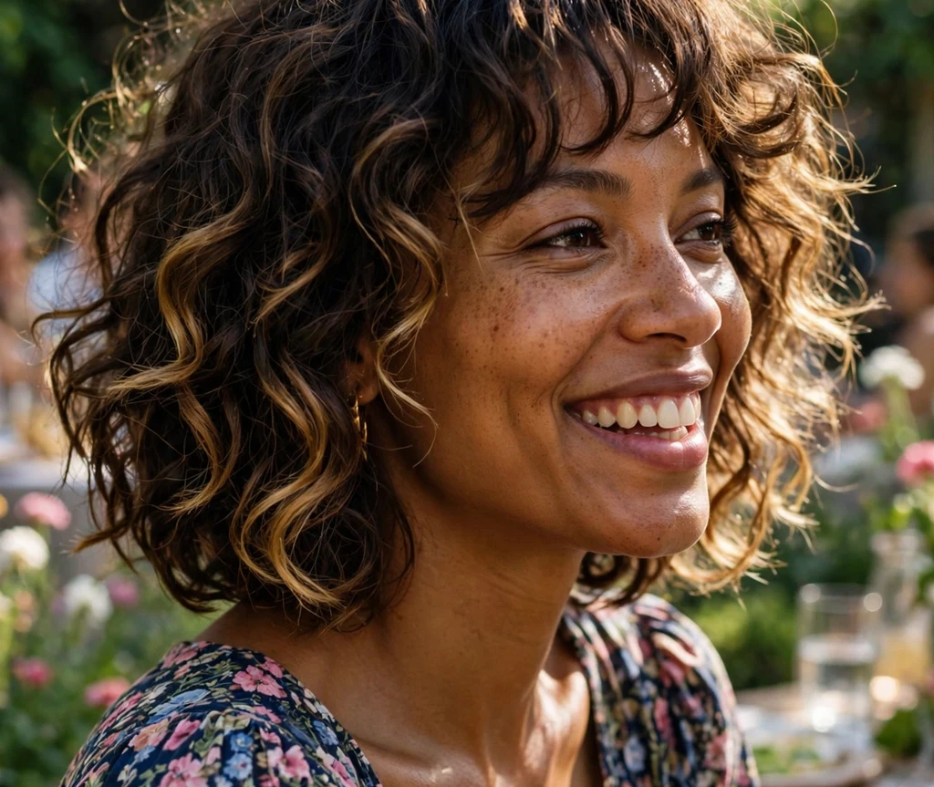 Vibrant Black woman in her early 30s with a curly shag bob and wispy fringe in a floral maxi dress at a garden party