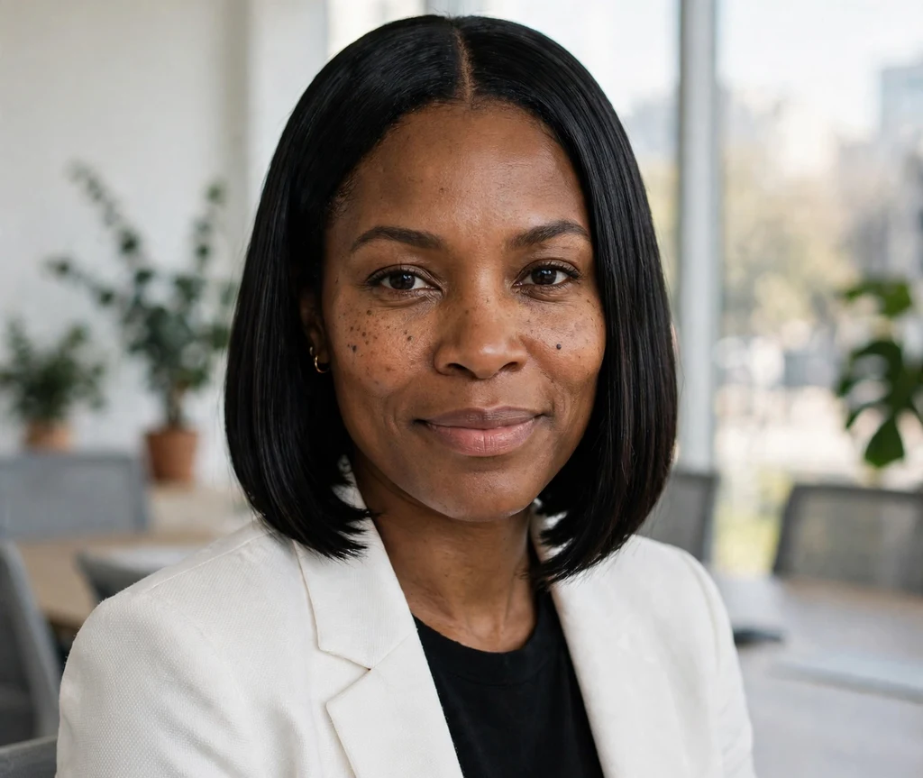 Confident Black woman in her late 30s with a glass-straight center-part bob in a white blazer in a conference room