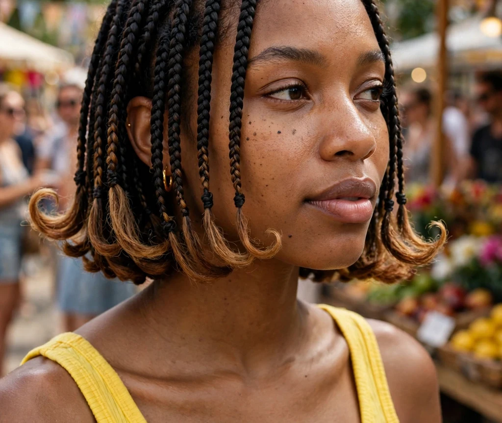 Stylish Black woman in her mid 20s with a chin-length braided bob with flipped ends in a bright yellow crop top at a street fair