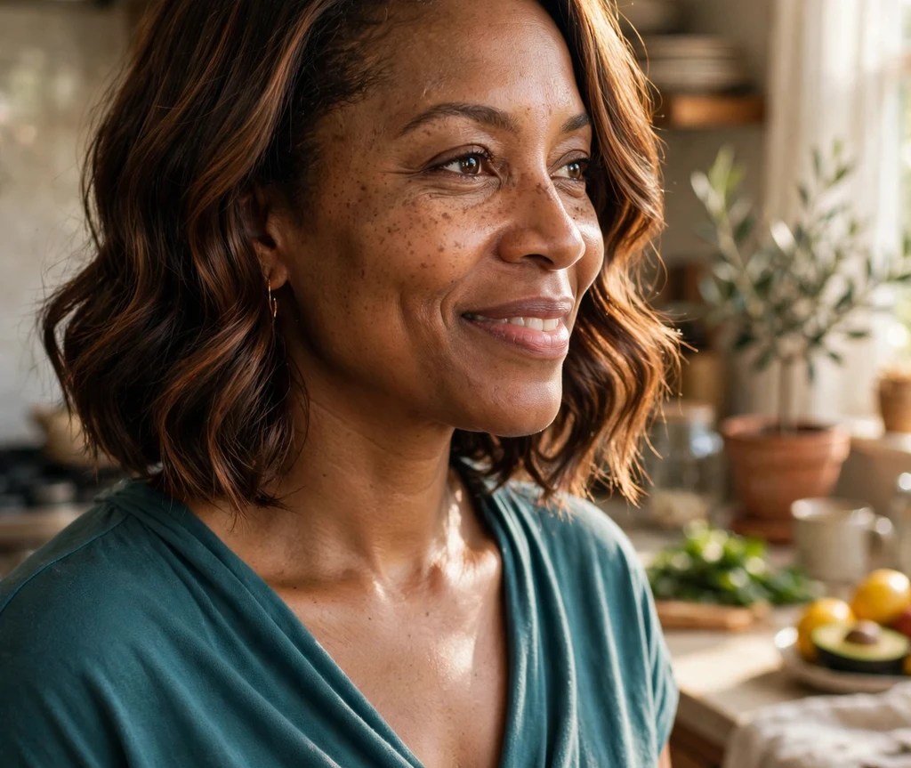 Radiant Black woman in her early 40s with a side-parted wavy bob with copper highlights in a teal wrap top in a kitchen