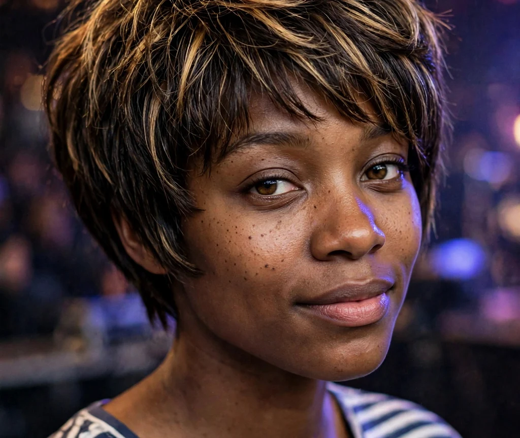 Youthful Black woman in her late 20s with a textured bixie bob with honey streaks in a striped t-shirt at a concert