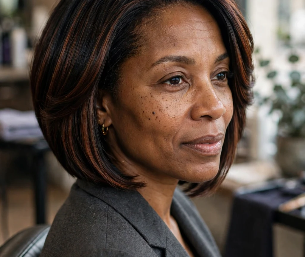 Sophisticated Black woman in her late 40s with a graduated bob with auburn lowlights in a charcoal gray blazer at a salon