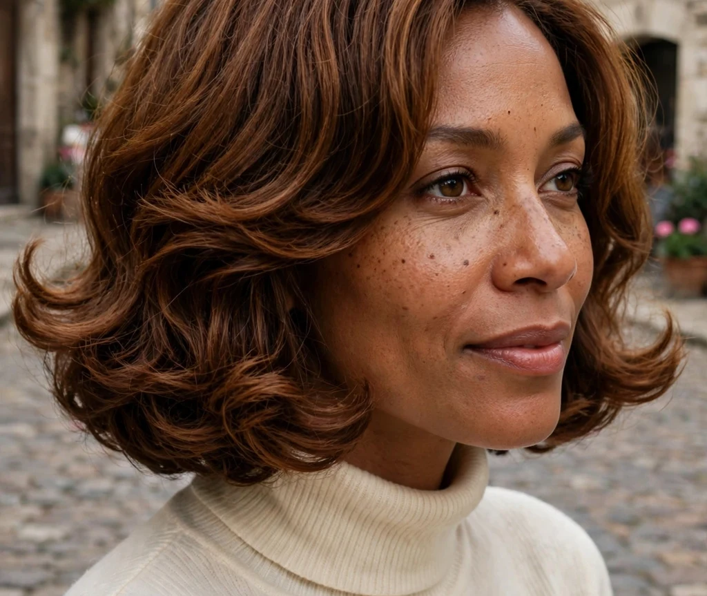 Polished Black woman in her mid 30s with a full bouncy Italian bob with flipped ends in a cream turtleneck on a cobblestone street