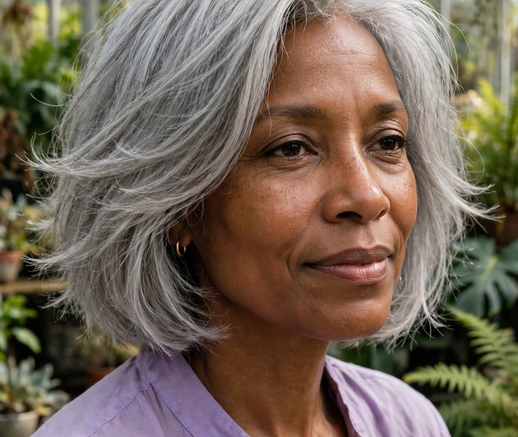 Graceful Black woman in her early 50s with a wispy feathered silver-gray bob in a lilac blouse in a garden conservatory
