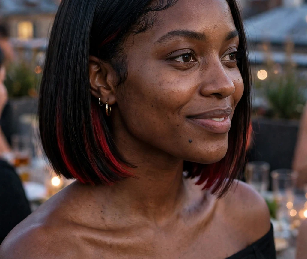 Fashionable Black woman in her late 20s with a blunt black bob hiding vivid red peekaboo panels in a black off-shoulder top at a rooftop party
