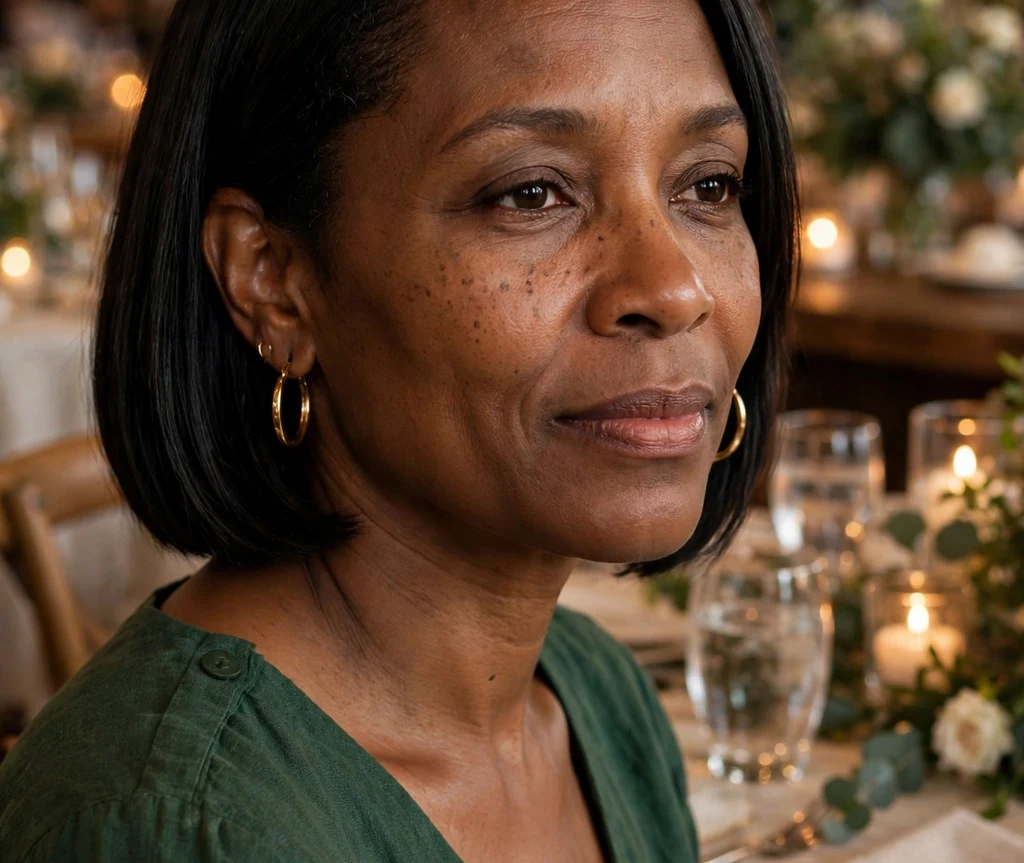 Serene Black woman in her mid 40s with a chin-length bob tucked behind both ears in a forest green dress at a wedding