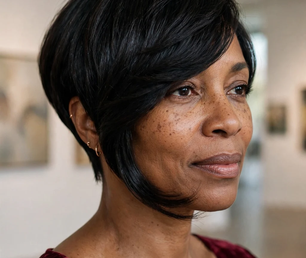 Elegant Black woman in her early 40s with a side-swept pixie bob with long sweeping fringe in a burgundy velvet dress at an art gallery