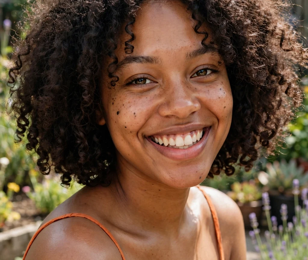 Cheerful Black woman in her mid 20s with a defined wash-and-go coily bob in an orange sundress in a sunny backyard
