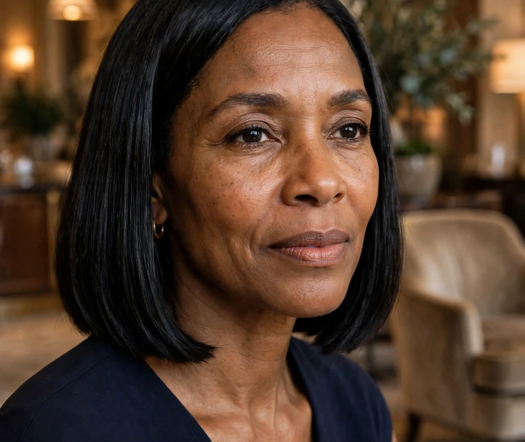 Refined Black woman in her late 40s with a one-length blunt neck-length bob in a navy sheath dress at a hotel lobby