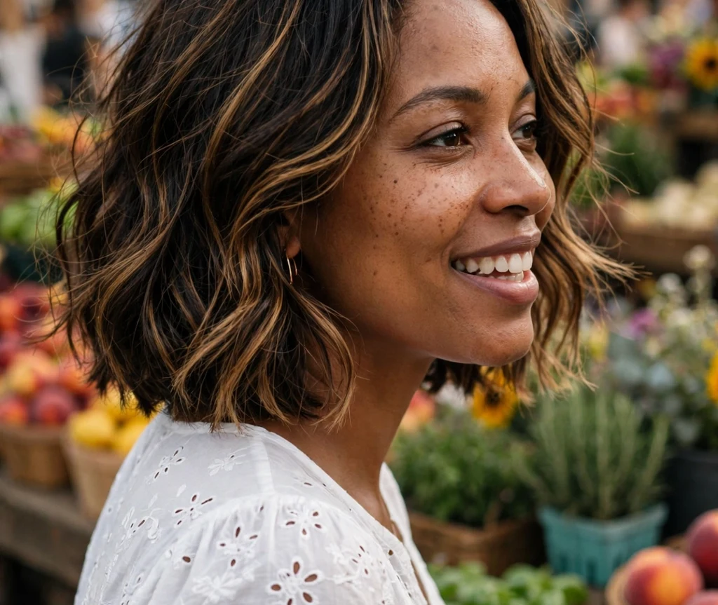 Lively Black woman in her early 30s with a tousled wavy bob with caramel highlights in a white eyelet blouse at a farmers market