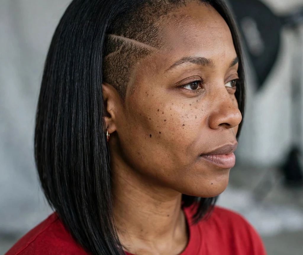 Striking Black woman in her mid 30s with an angled bob with one shaved side in a red top in a modern studio