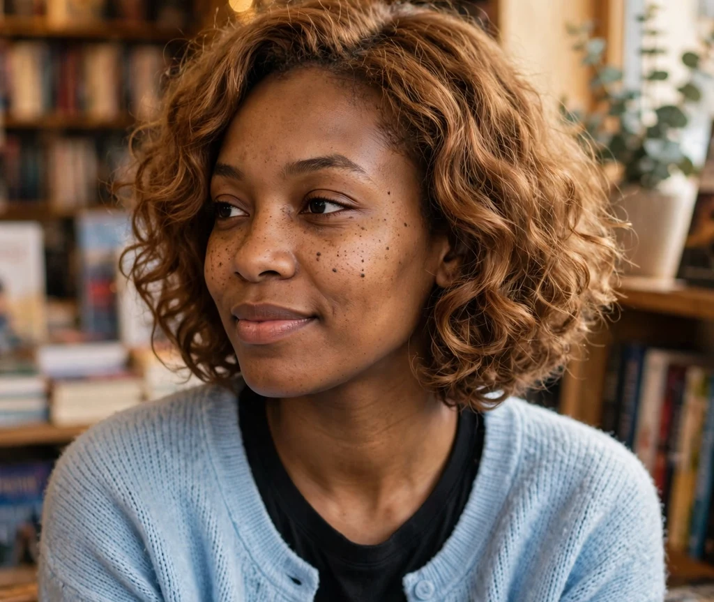 Lovely Black woman in her late 20s with a soft perm-wave bob in honey brown in a baby blue cardigan at a bookstore