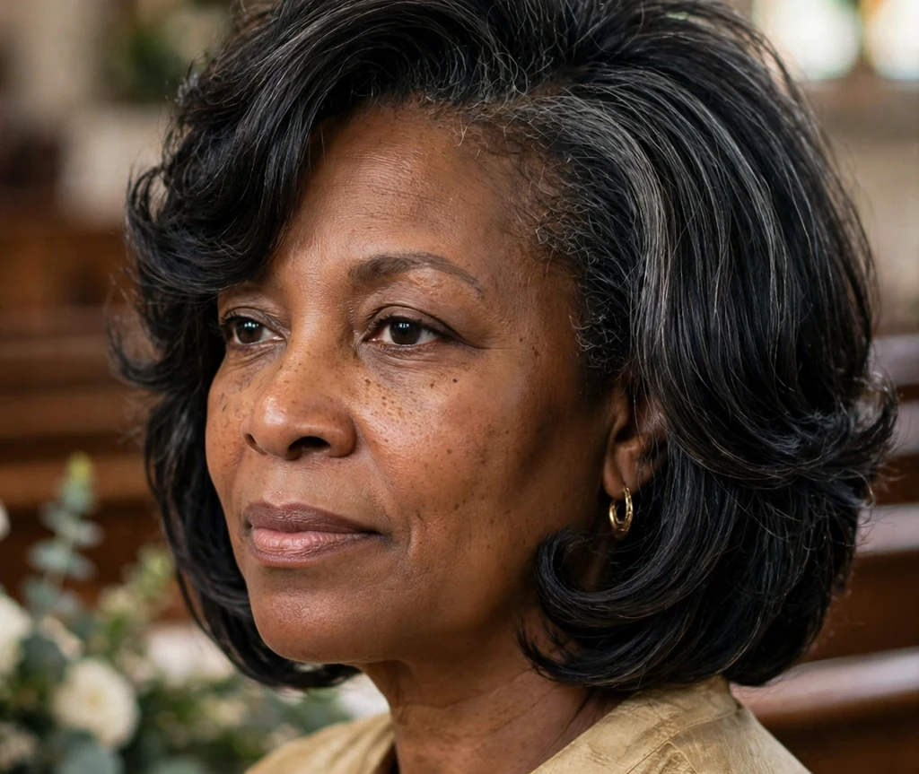 Dignified Black woman in her early 50s with a layered bob with stacked crown volume in a gold-toned blouse at a church event