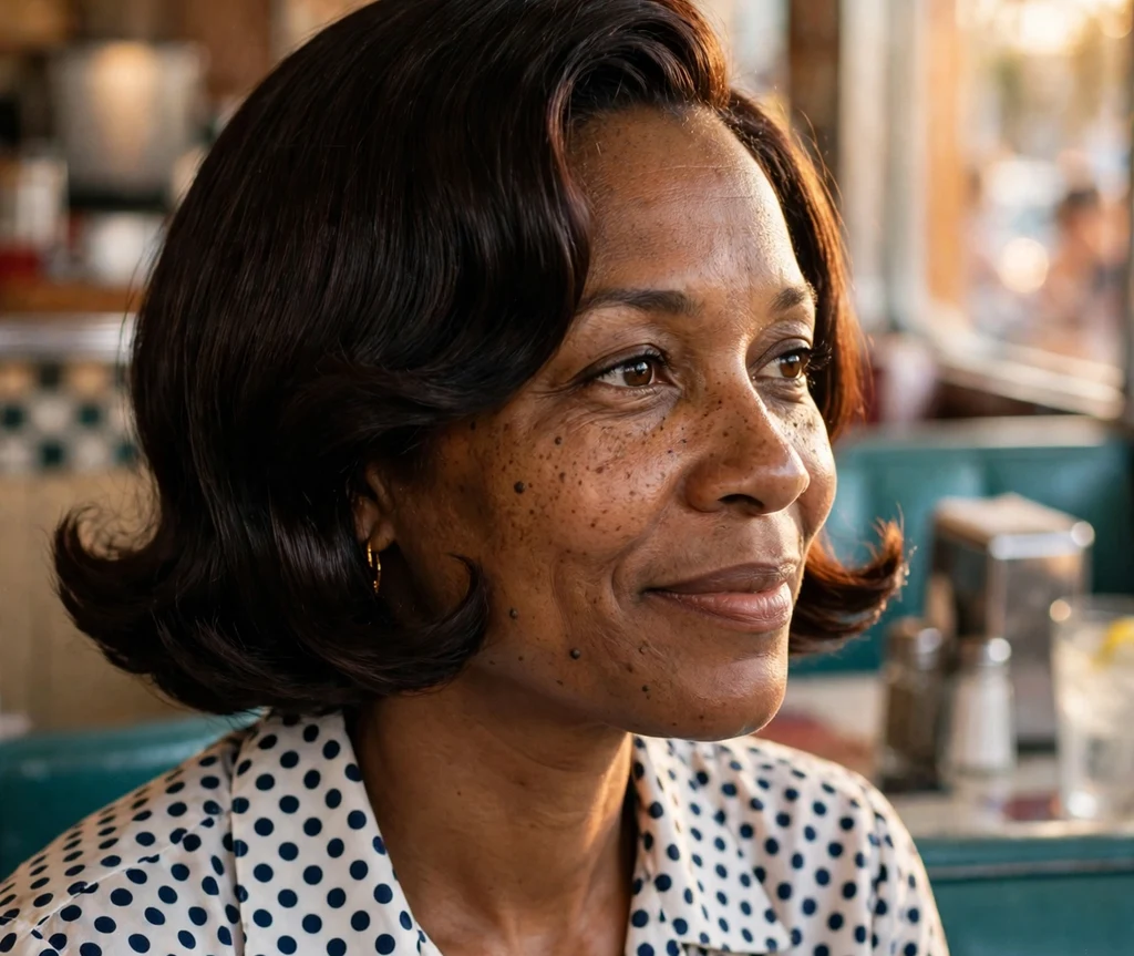 Radiant Black woman in her mid 40s with a retro flipped-out bob in a polka-dot blouse at a vintage diner
