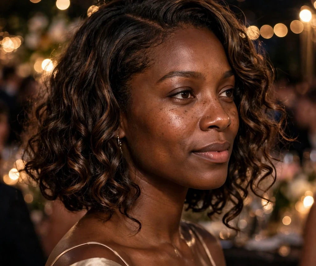 Beautiful Black woman in her early 30s with a romantic loose-curl bob and deep side part in a champagne satin dress at an evening gala