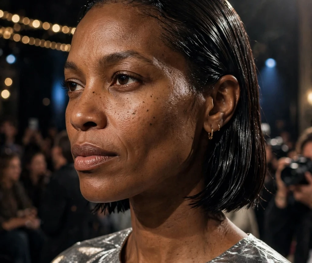 Confident Black woman in her late 30s with a sleek wet-look chin-length bob in a silver metallic top at a fashion event