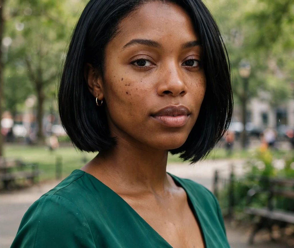 Sleek chin-length short bob on a Black woman in an emerald dress at a park