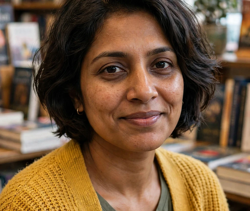 Textured jaw-grazing bob on a South Asian woman in a mustard cardigan